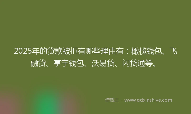 2025年的贷款被拒有哪些理由有：橄榄钱包、飞融贷、享宇钱包、沃易贷、闪贷通等。
