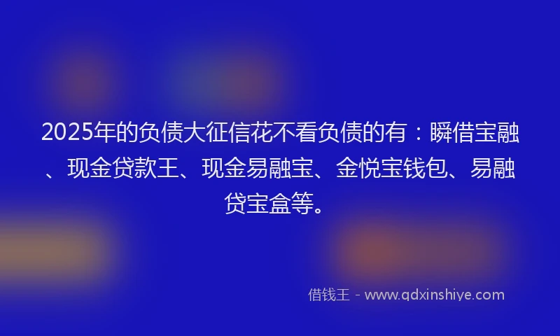 2025年的负债大征信花不看负债的有：瞬借宝融、现金贷款王、现金易融宝、金悦宝钱包、易融贷宝盒等。