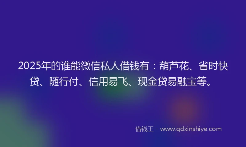 2025年的谁能微信私人借钱有：葫芦花、省时快贷、随行付、信用易飞、现金贷易融宝等。