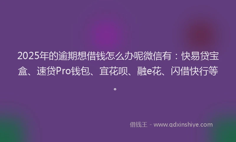 2025年的逾期想借钱怎么办呢微信有：快易贷宝盒、速贷Pro钱包、宜花呗、融e花、闪借快行等。