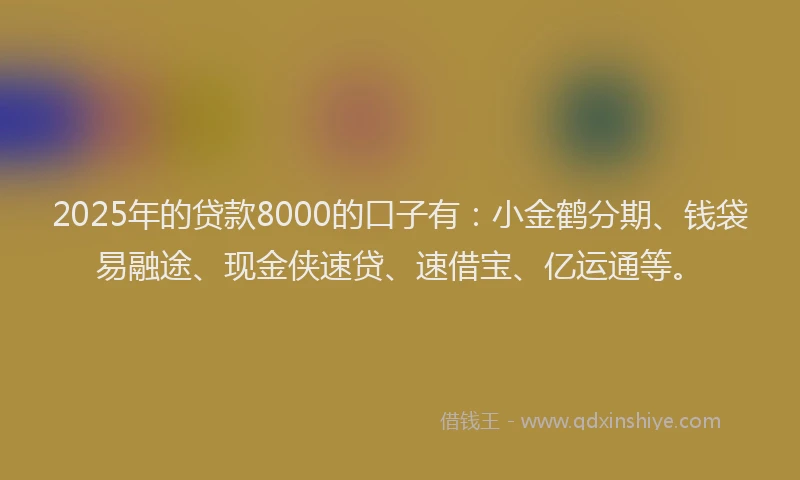 2025年的贷款8000的口子有：小金鹤分期、钱袋易融途、现金侠速贷、速借宝、亿运通等。
