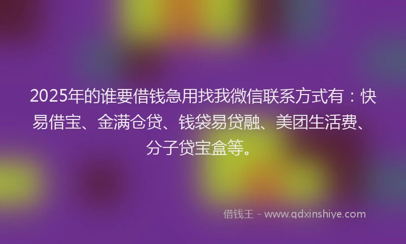 2025年的谁要借钱急用找我微信联系方式有：快易借宝、金满仓贷、钱袋易贷融、美团生活费、分子贷宝盒等。