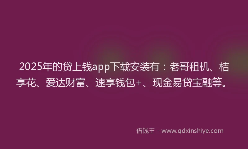 2025年的贷上钱app下载安装有：老哥租机、桔享花、爱达财富、速享钱包+、现金易贷宝融等。