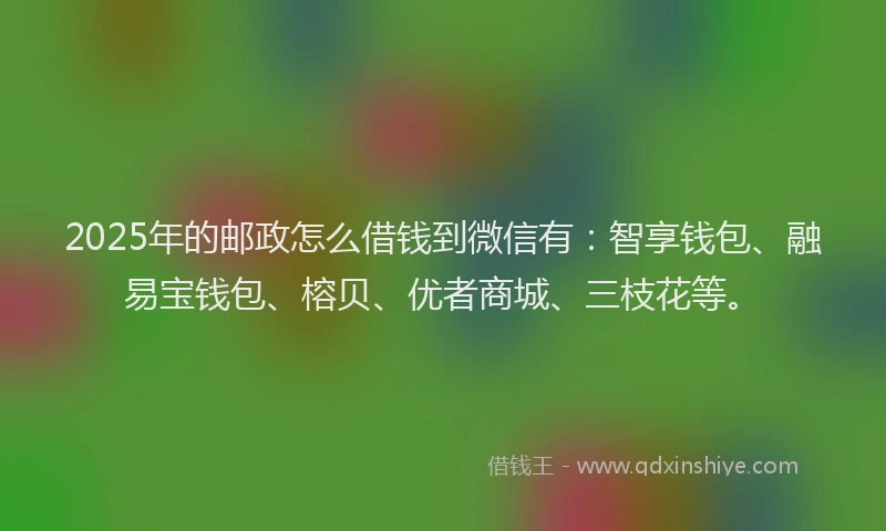 2025年的邮政怎么借钱到微信有：智享钱包、融易宝钱包、榕贝、优者商城、三枝花等。