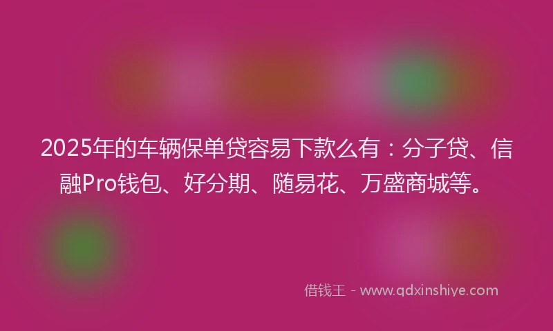 2025年的车辆保单贷容易下款么有：分子贷、信融Pro钱包、好分期、随易花、万盛商城等。