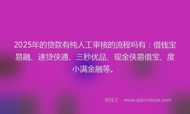 2025年的贷款有纯人工审核的流程吗有：借钱宝易融、速贷侠通、三秒优品、现金侠易借宝、度小满金融等。