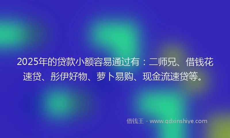 2025年的贷款小额容易通过有：二师兄、借钱花速贷、彤伊好物、萝卜易购、现金流速贷等。