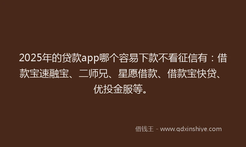 2025年的贷款app哪个容易下款不看征信有：借款宝速融宝、二师兄、星愿借款、借款宝快贷、优投金服等。