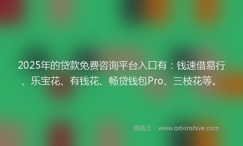2025年的贷款免费咨询平台入口有：钱速借易行、乐宝花、有钱花、畅贷钱包Pro、三枝花等。