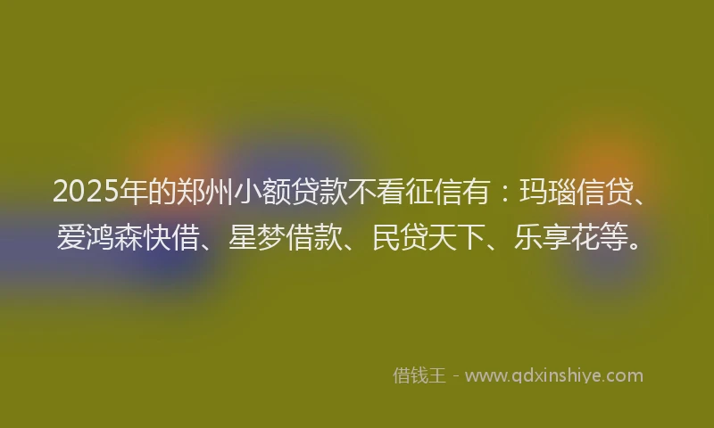 2025年的郑州小额贷款不看征信有：玛瑙信贷、爱鸿森快借、星梦借款、民贷天下、乐享花等。