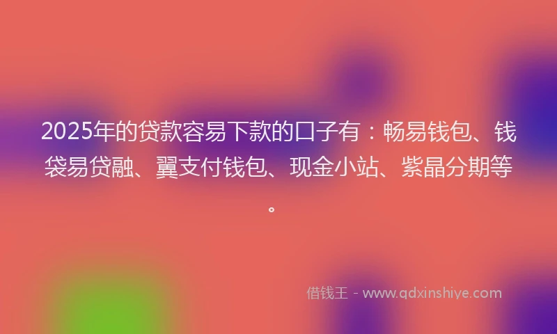 2025年的贷款容易下款的口子有：畅易钱包、钱袋易贷融、翼支付钱包、现金小站、紫晶分期等。