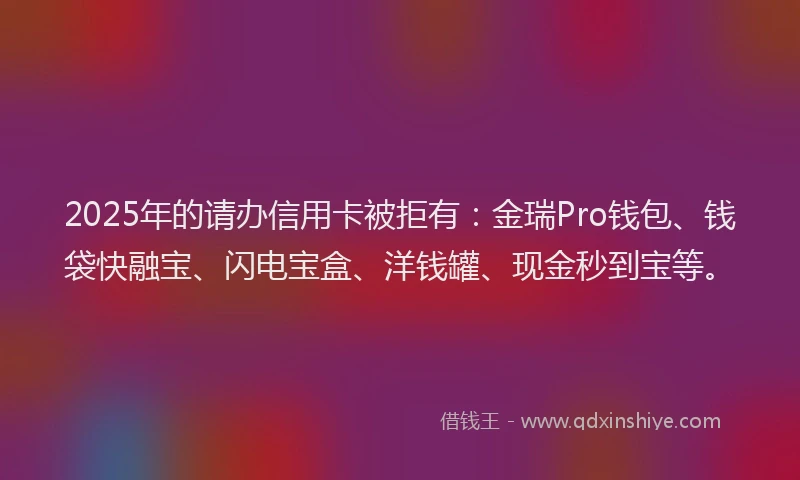 2025年的请办信用卡被拒有：金瑞Pro钱包、钱袋快融宝、闪电宝盒、洋钱罐、现金秒到宝等。