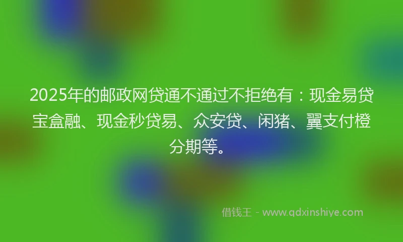 2025年的邮政网贷通不通过不拒绝有：现金易贷宝盒融、现金秒贷易、众安贷、闲猪、翼支付橙分期等。