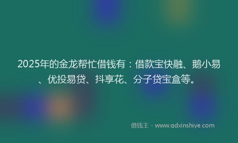 2025年的金龙帮忙借钱有：借款宝快融、鹅小易、优投易贷、抖享花、分子贷宝盒等。