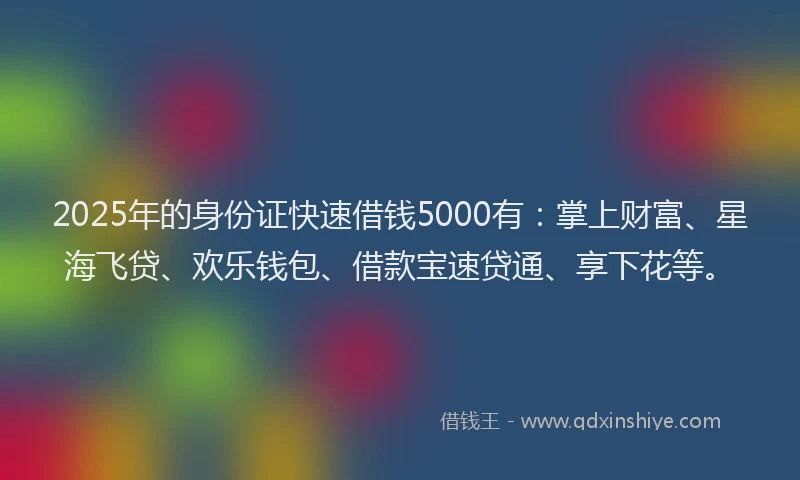 2025年的身份证快速借钱5000有：掌上财富、星海飞贷、欢乐钱包、借款宝速贷通、享下花等。