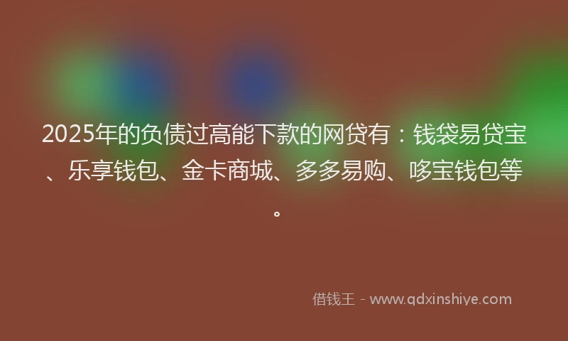 2025年的负债过高能下款的网贷有：钱袋易贷宝、乐享钱包、金卡商城、多多易购、哆宝钱包等。