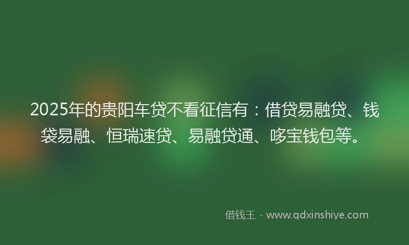 2025年的贵阳车贷不看征信有：借贷易融贷、钱袋易融、恒瑞速贷、易融贷通、哆宝钱包等。