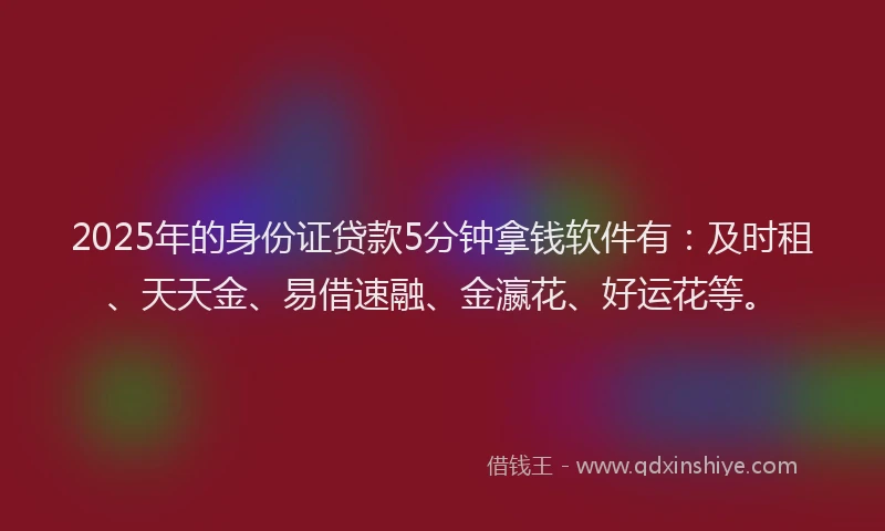 2025年的身份证贷款5分钟拿钱软件有：及时租、天天金、易借速融、金瀛花、好运花等。