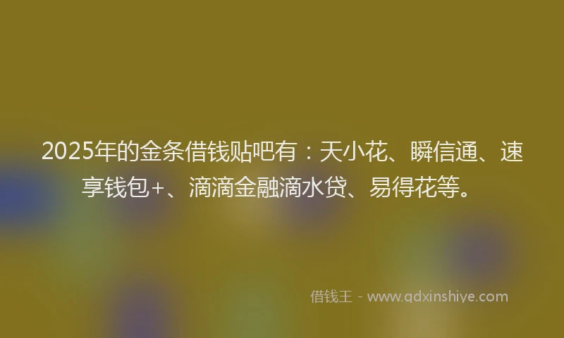 2025年的金条借钱贴吧有：天小花、瞬信通、速享钱包+、滴滴金融滴水贷、易得花等。