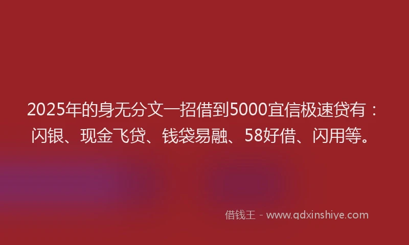2025年的身无分文一招借到5000宜信极速贷有：闪银、现金飞贷、钱袋易融、58好借、闪用等。