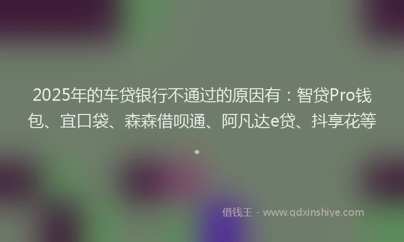 2025年的车贷银行不通过的原因有：智贷Pro钱包、宜口袋、森森借呗通、阿凡达e贷、抖享花等。