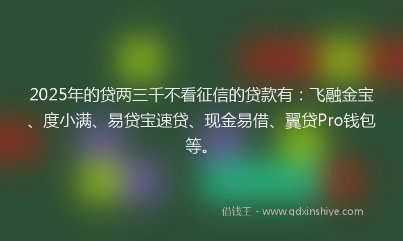 2025年的贷两三千不看征信的贷款有：飞融金宝、度小满、易贷宝速贷、现金易借、翼贷Pro钱包等。