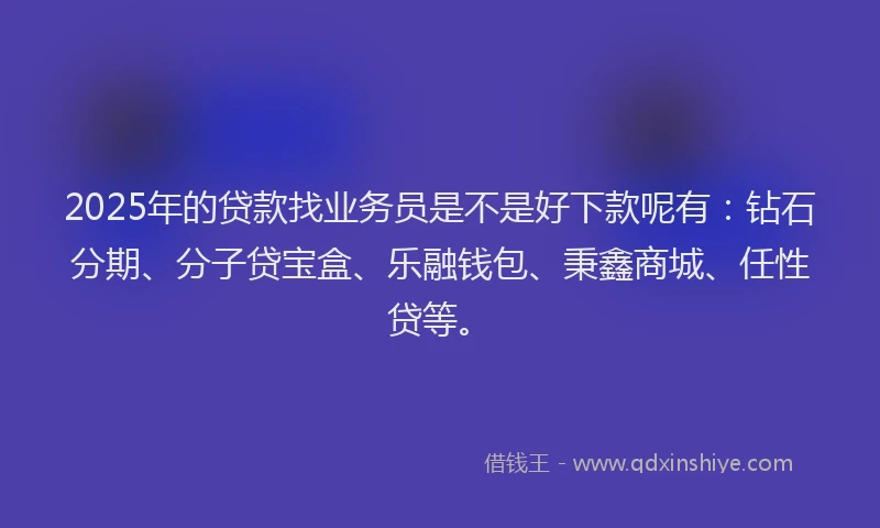 2025年的贷款找业务员是不是好下款呢有：钻石分期、分子贷宝盒、乐融钱包、秉鑫商城、任性贷等。