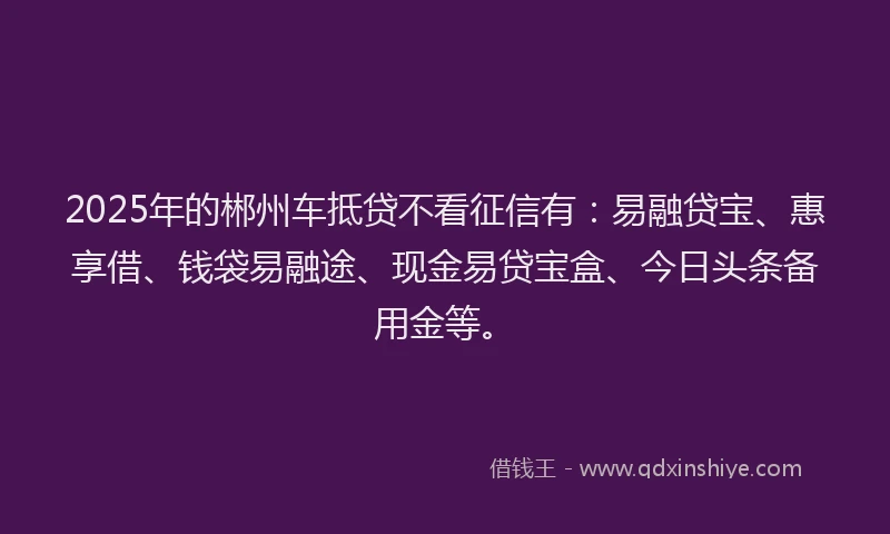2025年的郴州车抵贷不看征信有：易融贷宝、惠享借、钱袋易融途、现金易贷宝盒、今日头条备用金等。