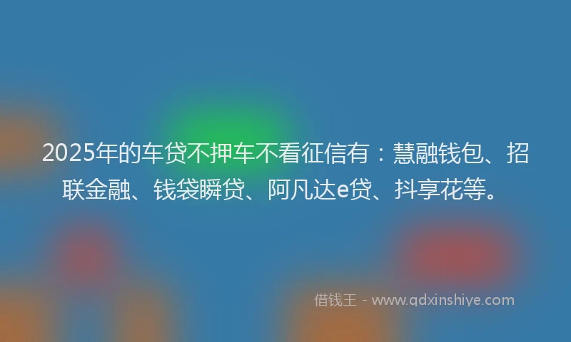 2025年的车贷不押车不看征信有：慧融钱包、招联金融、钱袋瞬贷、阿凡达e贷、抖享花等。