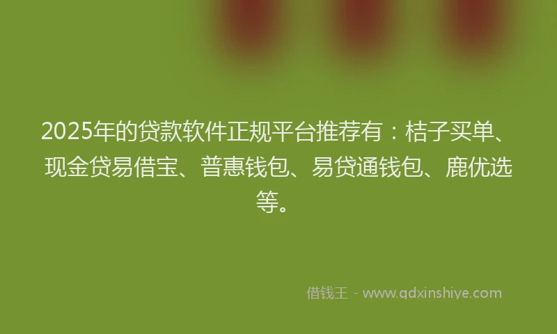 2025年的贷款软件正规平台推荐有：桔子买单、现金贷易借宝、普惠钱包、易贷通钱包、鹿优选等。