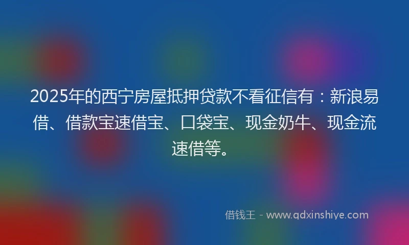 2025年的西宁房屋抵押贷款不看征信有：新浪易借、借款宝速借宝、口袋宝、现金奶牛、现金流速借等。