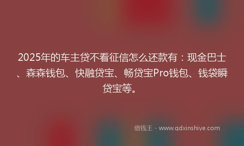 2025年的车主贷不看征信怎么还款有：现金巴士、森森钱包、快融贷宝、畅贷宝Pro钱包、钱袋瞬贷宝等。