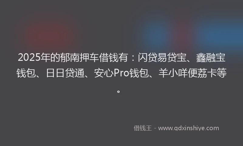 2025年的郁南押车借钱有：闪贷易贷宝、鑫融宝钱包、日日贷通、安心Pro钱包、羊小咩便荔卡等。