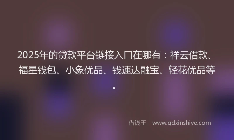 2025年的贷款平台链接入口在哪有：祥云借款、福星钱包、小象优品、钱速达融宝、轻花优品等。