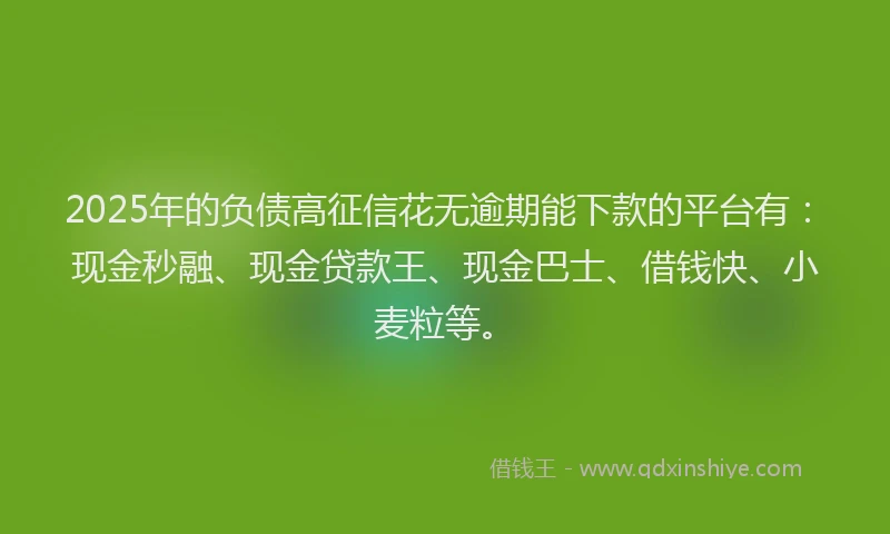 2025年的负债高征信花无逾期能下款的平台有：现金秒融、现金贷款王、现金巴士、借钱快、小麦粒等。
