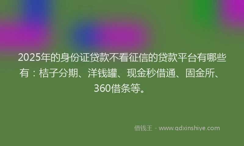 2025年的身份证贷款不看征信的贷款平台有哪些有：桔子分期、洋钱罐、现金秒借通、固金所、360借条等。