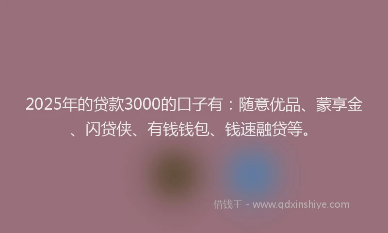 2025年的贷款3000的口子有：随意优品、蒙享金、闪贷侠、有钱钱包、钱速融贷等。