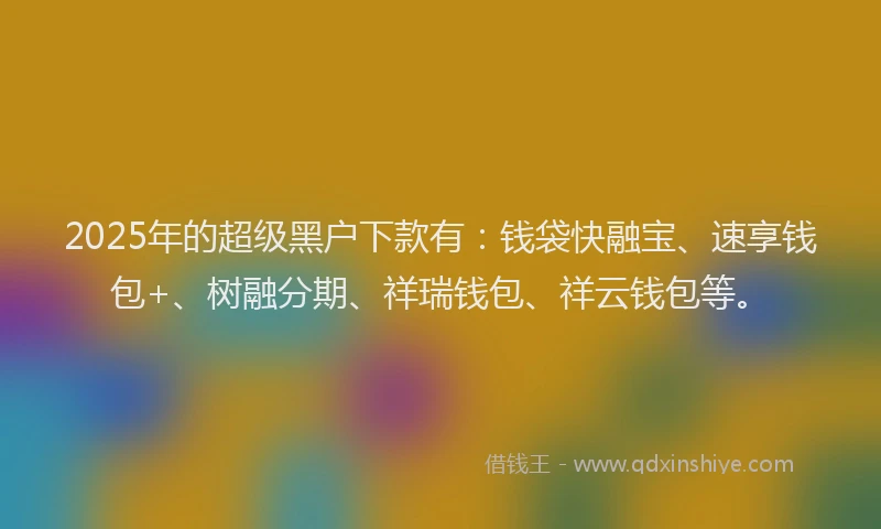 2025年的超级黑户下款有：钱袋快融宝、速享钱包+、树融分期、祥瑞钱包、祥云钱包等。