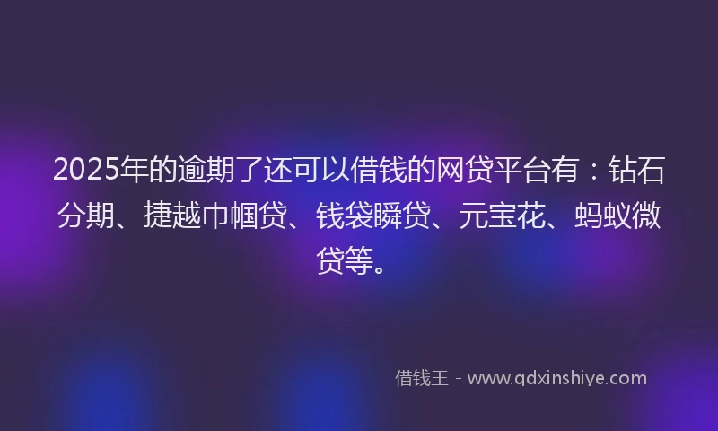 2025年的逾期了还可以借钱的网贷平台有：钻石分期、捷越巾帼贷、钱袋瞬贷、元宝花、蚂蚁微贷等。
