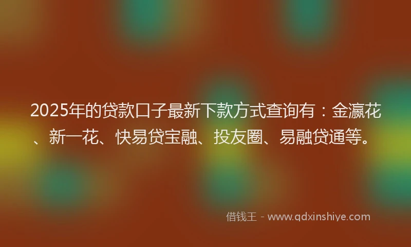 2025年的贷款口子最新下款方式查询有：金瀛花、新一花、快易贷宝融、投友圈、易融贷通等。