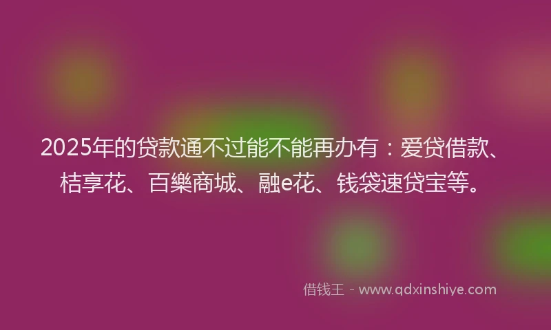 2025年的贷款通不过能不能再办有：爱贷借款、桔享花、百樂商城、融e花、钱袋速贷宝等。