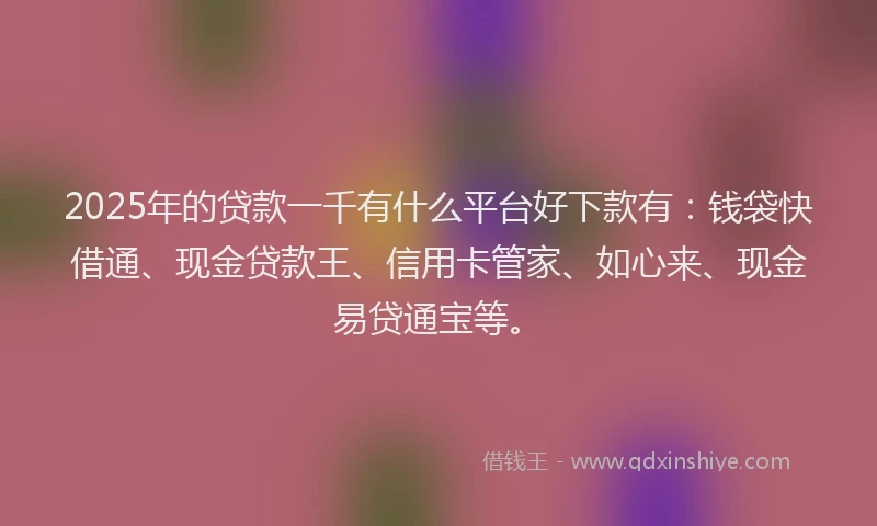 2025年的贷款一千有什么平台好下款有：钱袋快借通、现金贷款王、信用卡管家、如心来、现金易贷通宝等。