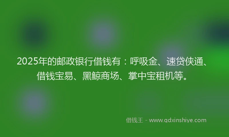 2025年的邮政银行借钱有：呼吸金、速贷侠通、借钱宝易、黑鲸商场、掌中宝租机等。