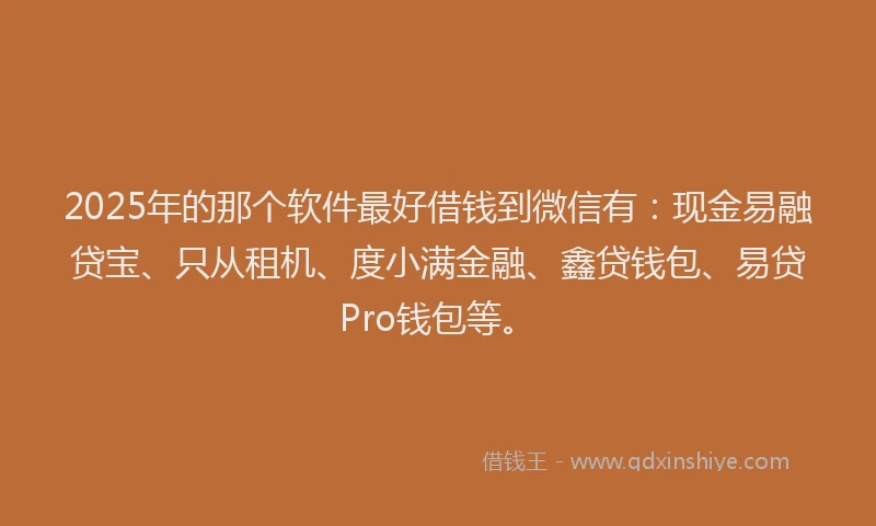 2025年的那个软件最好借钱到微信有：现金易融贷宝、只从租机、度小满金融、鑫贷钱包、易贷Pro钱包等。