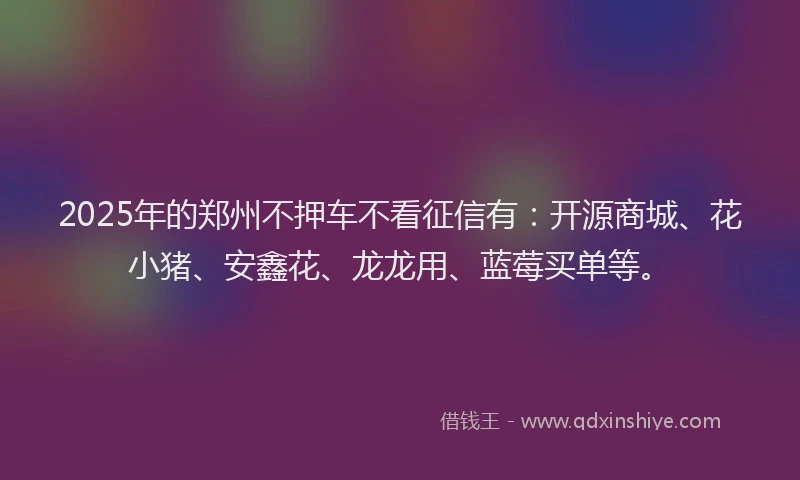 2025年的郑州不押车不看征信有：开源商城、花小猪、安鑫花、龙龙用、蓝莓买单等。