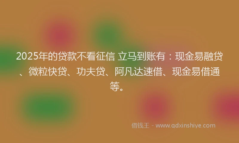 2025年的贷款不看征信 立马到账有：现金易融贷、微粒快贷、功夫贷、阿凡达速借、现金易借通等。