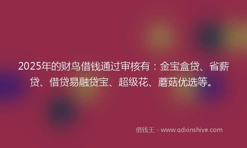 2025年的财鸟借钱通过审核有：金宝盒贷、省薪贷、借贷易融贷宝、超级花、蘑菇优选等。