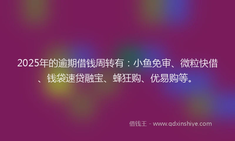 2025年的逾期借钱周转有：小鱼免审、微粒快借、钱袋速贷融宝、蜂狂购、优易购等。