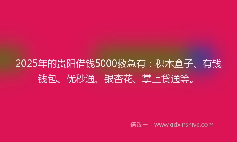 2025年的贵阳借钱5000救急有：积木盒子、有钱钱包、优秒通、银杏花、掌上贷通等。