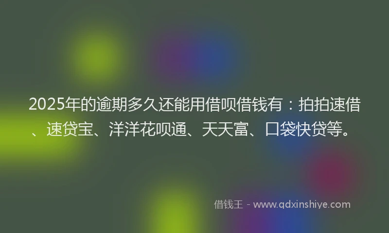2025年的逾期多久还能用借呗借钱有：拍拍速借、速贷宝、洋洋花呗通、天天富、口袋快贷等。